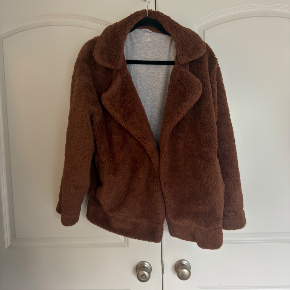 Aerie Women Brown Faux Fur Teddy Jacket Notched Lapel Open Front Coat Large
